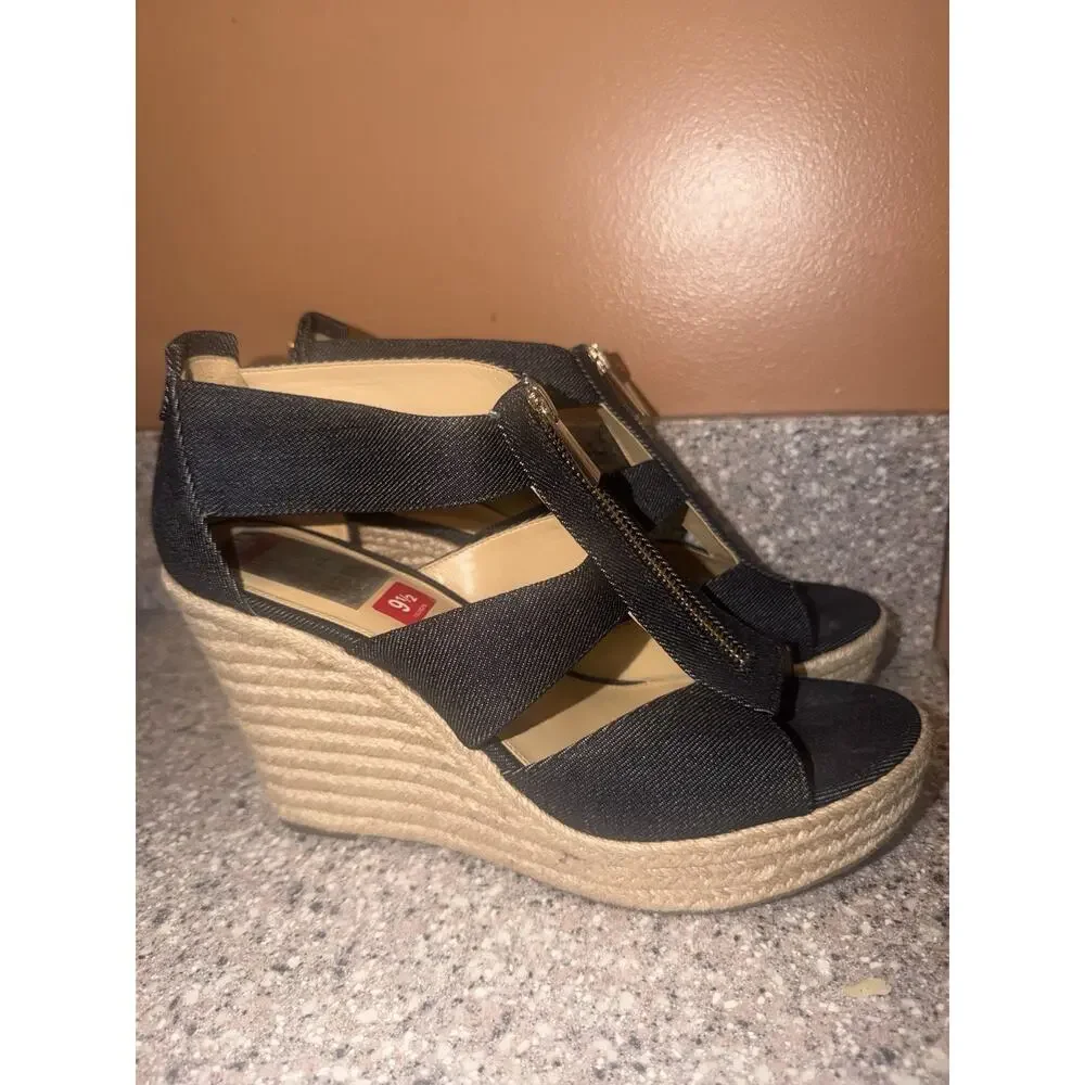 MICHAEL Michael Kors DENIM Etta Linen Blend Zip Wedge Sandal NEW OTHER Size 9.5 - Picture 3 of 8